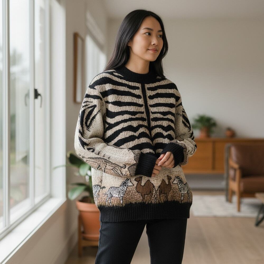 Vintage 90s Sugar Street Weavers Tapestry Sweater One Size Safari Animal Print - Picture 1 of 8
